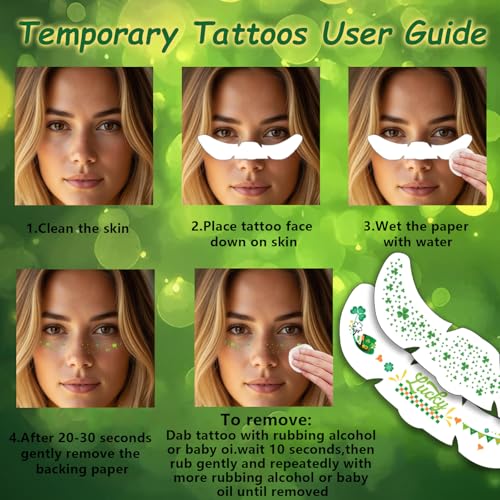Glitter Freckles Face Tattoo, St Patrick's Day Glitter Shamrock Temporary Tattoos with Green Face Gems, Faux Freckles Saint Patricks Day Accessories Makeup Art Decorations Gift for Women