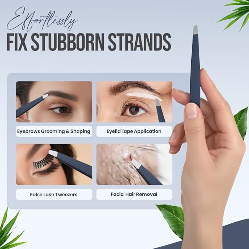 Professional Slant Tip Tweezers - Precision Stainless Steel Eyebrow Plucking Tool for Women and Men, Ingrown Hair Remover, Facial Hair Tweezers for Grooming (Velvet Navy)