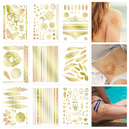 9pcs Gold Temporary Tattoos, 8.3x5.8in Tattoo Stickers Metallic Butterfly Star Moon Feather Waterproof Tattoos Stickers for Women Girls Parties Festivals Makeup Cosplay Accessories (Style B)