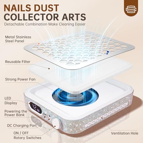 Nail Dust Collector, Rechargeable Dust Collector Nail Tech, Powerful Vacuum Fan Vent Dust Collector Extractor Dust Suction Machine for Acrylic Nails Polishing, Nail Salon&Home, White