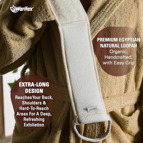 Waritex Natural Egyptian Loofah Back Scrubber for Shower, Extra-Long Exfoliating Strap Made with Natural Egyptian Loofah Fibers, Deep Cleaning Body Sponge for Men and Women ? Soft Cotton Handles