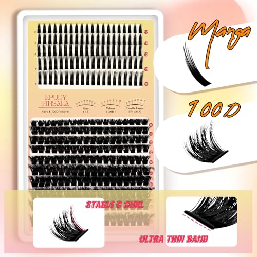 Lash Clusters 100D with DIY Spikes 12-20mm Manga Lashes Clusters 280pcs Fairy Cluster Mink Strips Lashes Wispy Volume Individual Lash Extensions with Bond Seal Tweezers Soft Fluff Look EPUDY FIHSALA