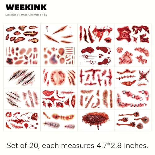 20 Sheets Halloween Scar Face Temporary Tattoos ? Realistic Bloody Wounds, Stitches, Bruises & Scratch Fake Tattoos for Zombie Makeup, Scar Makeup, Bride of Chucky Costume, Cosplay