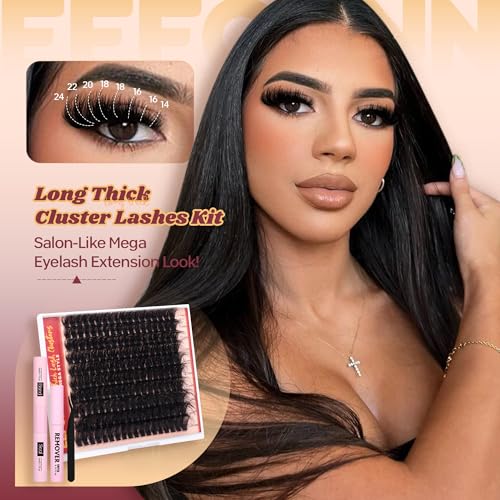 Fluffy Lash Clusters Kit Dramatic 270D Cluster Eyelash Extensions Kit 14-24mm Long Eyelash Clusters Kit Thick Volume Individual Lashes Bond and Seal Remover Tweezers Mega Lash Extension Kit by Eefofnn