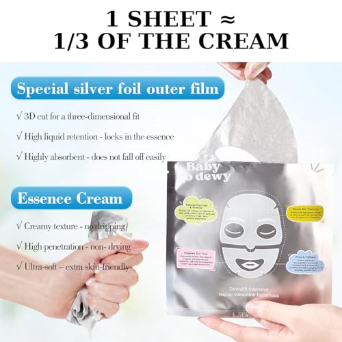 Baby Go Dewy Bio-Collagen?Peptide Face Mask Sheets ? Gleam Foil Intensive Overnight Hydrate Face?&?Neck Masks for Moisturizing, Firming & Lifting Care ? 8 Count(4 Face Masks + 4 Neck Masks)