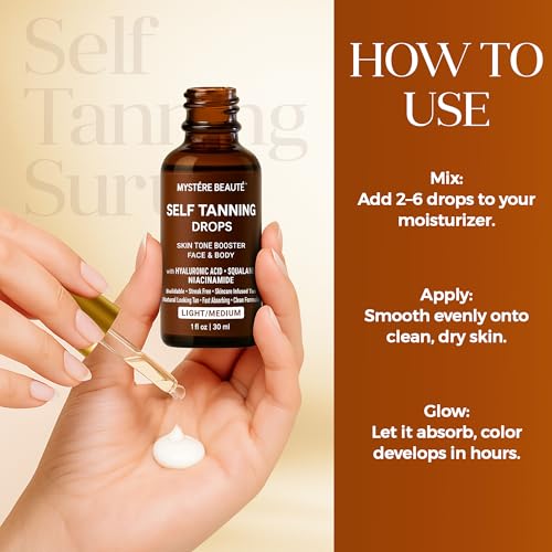 Hydrating Self Tanning Drops ? LIGHT/MEDIUM ? Face & Body Tint with DHA, Hyaluronic Acid, Squalane & Niacinamide ? Natural-Looking Tan ? MYSTERE BEAUTE ? 1 fl oz