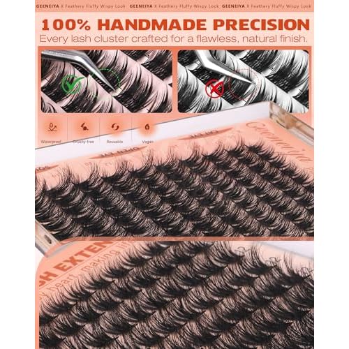 Geeneiya Fluffy Lash Clusters Wispy Eyelash Clusters, 8-16mm Natural Lashes Clusters, C Curl Cluster Eyelash Extensions, Natural Look Lash Extension for Beginners