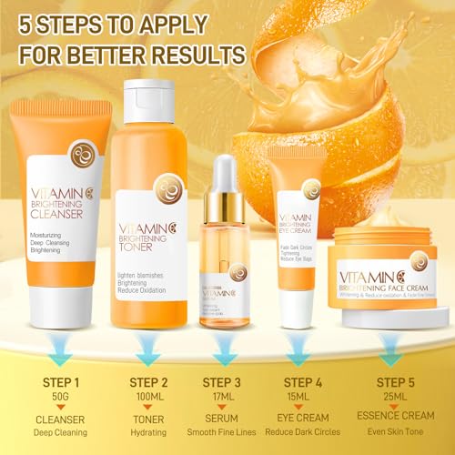 5Pcs Valentines Day Vitamin C Skincare Set, Skin Care for Kids, Skincare Gift Sets with Cleanser, Toner, Serum, Eye Cream, Facial Cream, Skin Care Set for Girls Ages 8-12, Travel Facial Kit for Girls