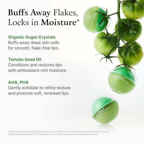 FULLY Green Tomato Smoothie Sugar Lip Scrub, Gentle Lip Exfoliator with Organic Sugar & Tomato Seed Oil for Smooth, Hydrated Lips, Vegan Daily Lip Polish for Dry, Flaky Lips, Korean Skincare, 0.42 oz