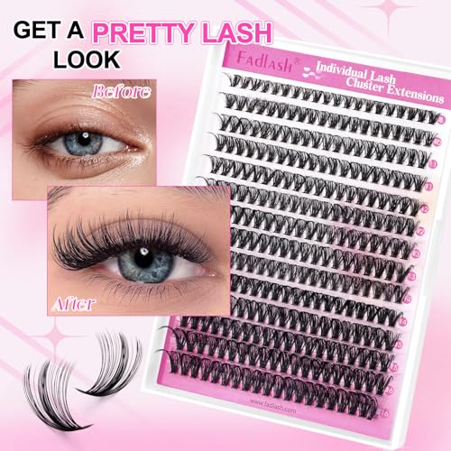 FADLASH Lash Clusters Kit 280PCS Individual Eyelash Clusters D Curl 8-16mm Eyelash Extension Kit with Lash Bond and Seal Lash Tweezer for Beginners (40D-0.07D-8-16mm KIT)