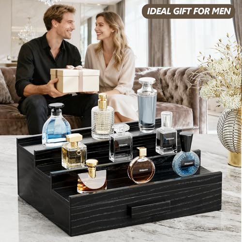 Walnut Cologne Organizer for Men,3 Tier Cologne Stand,Wooden Cologne Holder Display Shelf with Drawer Storage and Hidden Compartment,Perfume Stand Organizer,Gift for Men Dad Husband,Black