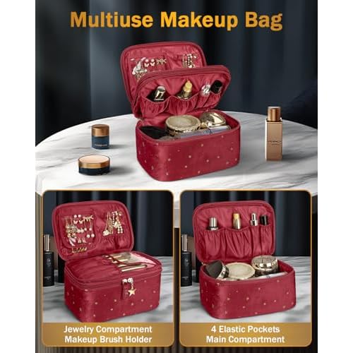 Wedama Makeup Bag, Double-layer Cosmetic Bag with Jewelry Storage and Brush Holders 3 Pcs Velvet Makeup Bag Set Travel Makeup Organizer Bags Portable Cosmetic Case Toiletry Bag for Women Girls, Red