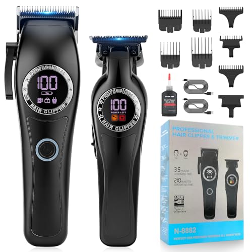 Professional Hair Clippers for Men, 2-in-1 Clipper and Trimmer Set with 7200RPM Motor, Cordless Hair Cutting Kit with LED Display, Adjustable Length Beard Trimmer for Barbers or Home, Mens Gift