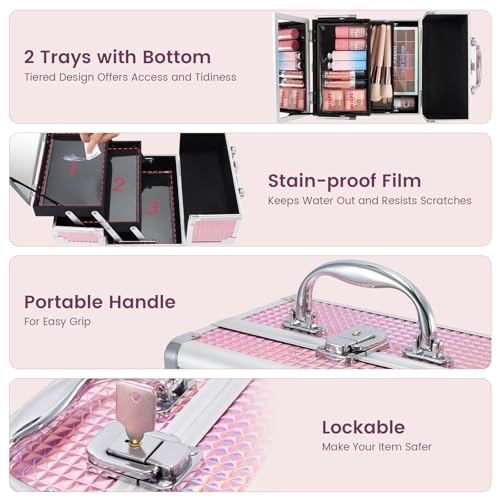 FRENESSA Makeup Train Case Makeup Box Organizer Portable Cosmetic Travel Case Makeup Case with Mirror Locking Make Up Cases Organizers and Storage for Nail Supplies Hard Cosmetic Box Shiny Pink