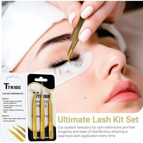Lash Tweezers for Eyelash Extensions with Diamond Grip, Japanese Stainless Steel, Set of 3 - Great Precision for Classic, Volume & Mega Volume, Premium 45 Degree Curved Set for Women (Gold)