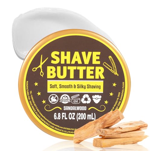 Shave Butter, Shaving Cream for Sensitive Skin, Naturally Derived with Shea Butter and Sandalwood Oil for the Smoothest Shave, Soft and Silky Skin -Sandalwood Scent, 200ml(6.8 floz)