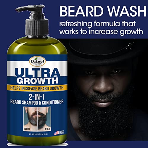 Difeel Men's Ultra Growth Beard Care 3-PC Gift Set for Men - Includes 2-in-1 Beard Shampoo & Conditioner 12oz, Beard Growth Oil 8oz, and Bonus Travel Size Beard Oil