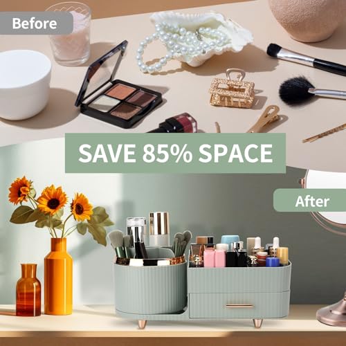 Beborxue 360¡Æ Rotating Makeup Organizer for Vanity with Drawers, Large Capacity Cosmetic Display Case, skincare organizer, Cosmetic Organizer for Lipstick, Skincare, Brushes, Eyeshadow, (Green)