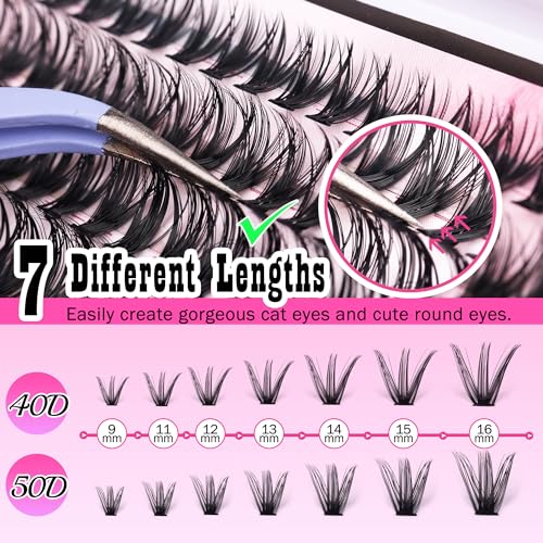 Cluster Lashes 280 pcs Lash Clusters D Volume Eyelashes Extensions 9-16 mm Mix 40D+50D Individual Lashes Thin Band Eyelashes Cluster for DIY Lash Extension Beginners (Lash Clusters)