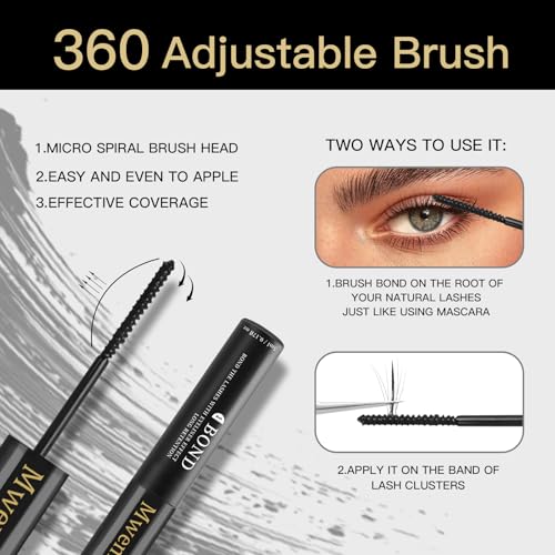 Lash Bond and Seal, 2-in-1 Eyelash Glue for Clusters, Waterproof & Latex-Free Lash Adhesive, Long-Lasting 72H+ Hold, Non-Irritating Black Bond for DIY Eyelash Extensions at Home (5ml+5ml)