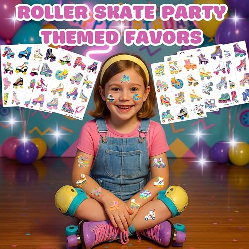 96 PCS Roller Skate Skating Pre-Cut Temporary Tattoos Themed Birthday Party Favors Decorations Supplies Decor Retro 80s 90s Disco Skateboard Tattoo Stickers Gifts For Boys Girls Class (Normal)