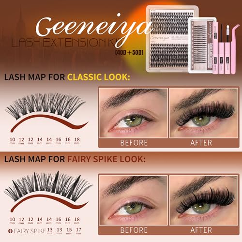 Geeneiya Lash Clusters with Spikes Fairy Cluster Eyelash Extensions Kit 40D+50D Lash Extension Kit 8-18MM Wispy D Curl Spiky Individual Lashes Kit with Lash Bond and Seal for Beginners