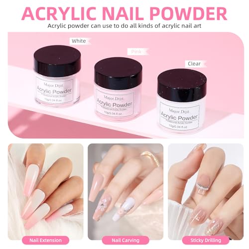 Major Dijit Acrylic Nail Kit with Drill and UV LED Lamp - Starter Set with White Pink Clear Acrylic Powder, 6 Macaron Gel Polishes, Nail Decorations and Manicure Tools