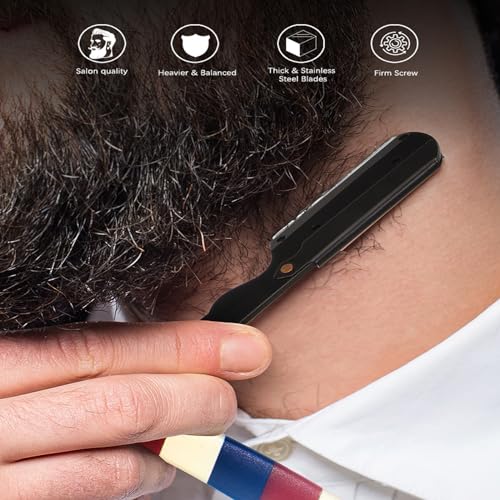 Professional Barber Straight Edge Razor and Barber Fade Brush Set Include 5 Blades, Straight Razor for Men Close Shaving & Hair Cutting (Red/White/Blue)