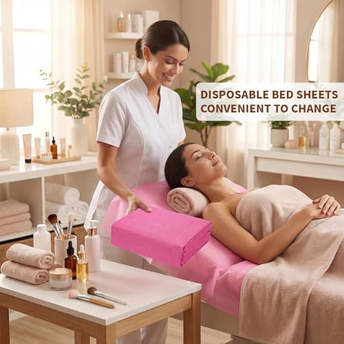 100 Pcs Massage Table Sheets Disposable Bed Cover Non Woven Fabric Breathable Sheets for Massage,Spa, Beauty Salon, Facial,Tattoo, Waxing, Esthetician (71"x 31" Pink)