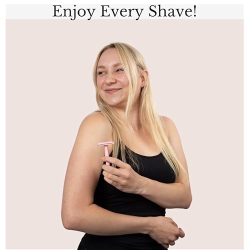 Eco Double Edge Metal Alloy Safety Razor for Women + 5 Double Edge Safety Razor Blade Refills, Reusable Razor for Shaving (Pink)