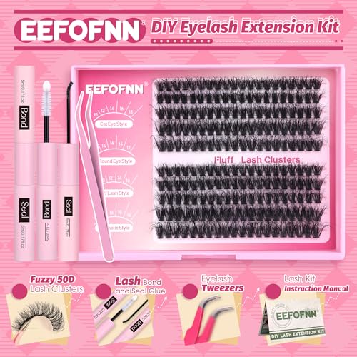 Eefofnn DIY Lash Extension Kit Fuzzy Mink Cluster Lashes Kit Natural Volume Eyelashes Extensions with Lash Bond and Seal Tweezers 50D Eyelash Clusters 10-18MM Fluttery Individual Lashes Extension Kit