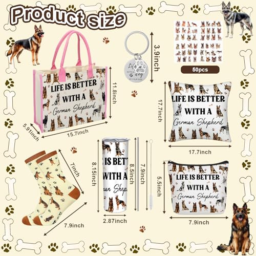 Patelai 56 Pcs Valentine German Shepherd Gift for Women German Shepherd Dog Lover Gift 20oz Stainless Tumbler Tote Bag Cosmetic Bag Sock Pillow Cover Keychain Sticker for Dog Mom Birthday Party Favor