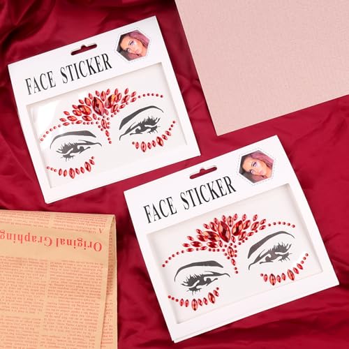 Red Face Gems Rhinestone Temporary Tattoo Sticker Halloween Eye Body Face Tattoos Party Makeup Self-Adhesive Face Jewels Crystal Makeup Diamonds Holiday Festival Party Supplies 2PCS