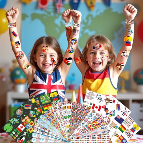 96 PCS World Flag Party Favors ? 72 Pre-Cut Temporary Tattoos & 24 Slap Bracelets for Kids, Multicultural Birthday Supplies & Classroom Rewards