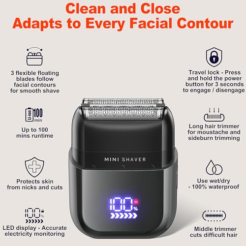 Telfun Mini Electric Foil Shavers for Men, Portable Men's Travel Facial Hair Groomer, USB-C Electric Beard Shaver with Full Body Waterproof & Big LED Display, Close Face Shaver for Head, Beard, & Neck