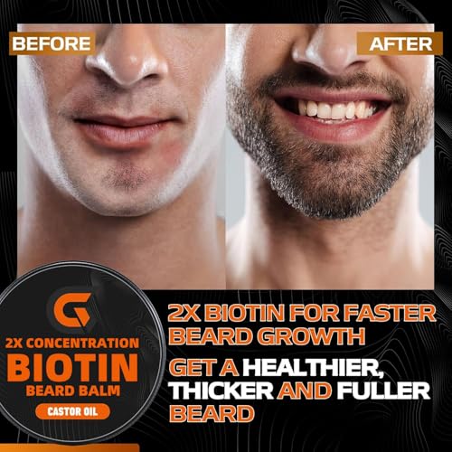 Beard Balm with 2X Concentration Biotin, Beard Growth Balm for Men - Mustache Wax & Beard Conditioner for Growth - Hydrates, Thickens Facial Hair Growth - Made with Castor Oil & Argan Oil - 2 Ounce