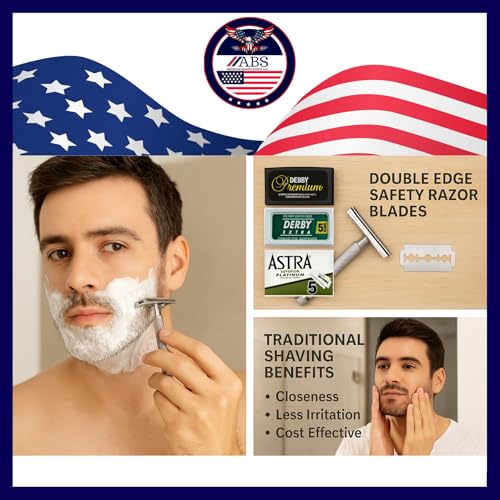 Double Edge Safety Razor Blades Sampler Pack for Men-Includes 3 Top Global Brands: Dorco Astra Derby-Comfortable Shaving ?Fits All Double Edge Safety Razors (50)