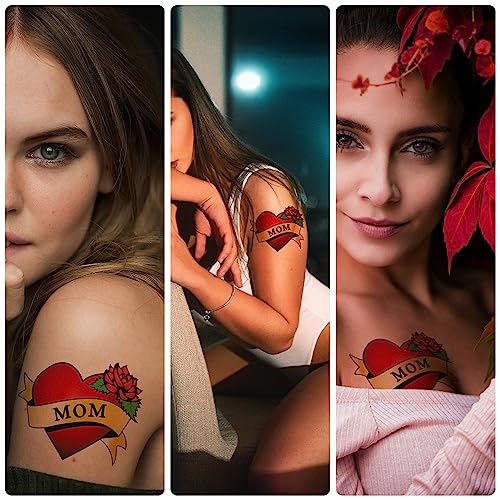 7-Sheet Mom Heart Temporary Tattoos, Fake Tattoos for Women, Girls, Men and Kids, Love Rose Mom Tattoo Stickers for Mothers Day