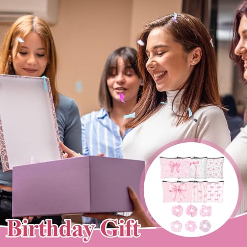 6 Set Pink Coquette Bow Gifts Include 6 Pink Bow Makeup Bags 6 Hair Scrunchies for Women Girls Preppy Cosmetic Bag Preppy Pouch Zipper Gift for Wedding Baby Shower Birthday Coquette Party Favors