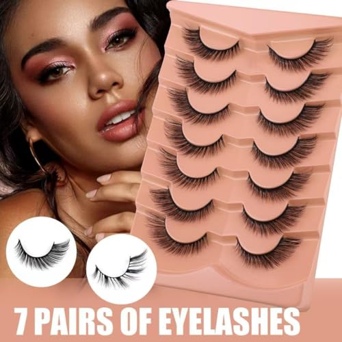 False Eyelashes Wispy Lashes Natural Look Fake Eyelashes 7 Pairs Cat Eye Lashes Mink Fluffy Strip False Lashes Fox Eye Lashes Pack