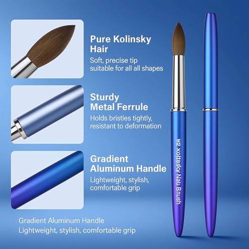100% Pure Kolinsky Hair Acrylic Nail Art Brushes ? Oval Crimped Tip for Acrylic Powder, Gradient Blue Metal Handle, Professional Nail Art Brush for Salon & DIY (12)