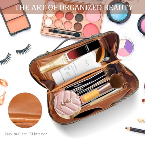 Travel Makeup Bag, Large Capacity Cosmetic Bags for Women, Waterproof Portable Pouch Open Flat Toiletry Bag Make up Organizer with Divider and Handle, Black