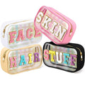 4 Pieces Chenille Letter Cosmetic Bag Set Nylon PVC Clear Waterproof Makeup Pouch Stuff Hair Travel Bag Zipper Multi Purpose Aesthetics Toiletry Organizer for Women Gym Travel Beach (Classic Colors)