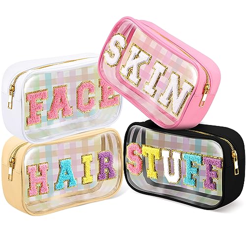 4 Pieces Chenille Letter Cosmetic Bag Set Nylon PVC Clear Waterproof Makeup Pouch Stuff Hair Travel Bag Zipper Multi Purpose Aesthetics Toiletry Organizer for Women Gym Travel Beach (Classic Colors)