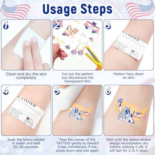 4th Of July Temporary Tattoos, America Flag, USA, Patriotic, July 4th, Independence Day, Red White Blue Accessories Decorations For Party 4 Sheets