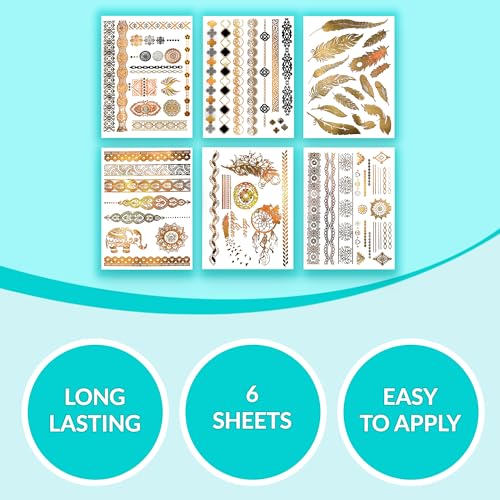 Terra Tattoos Gold Metallic Tattoo Flash Sheets Designs of Feathers, Flowers, Jewerly & more! Face Tattoos for Women Waterproof Nontoxic Long Lasting 75+ Designs for Vacation, Festivals Parties - Gold