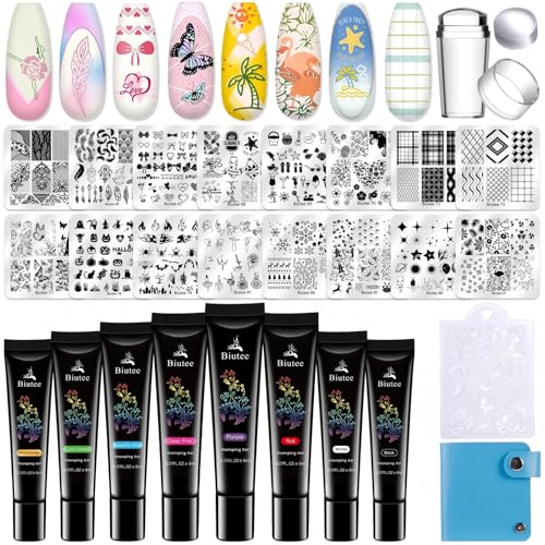 Biutee Nail Stamping Kit 12Pcs Nail Art Stamp Plates 8 Colors Stamping Polish Gel Silicone Stamper Scraper with Storage Bag, Nail Stamping Plate Lace Star Rose Plaid TemplateHoliday Design Gift