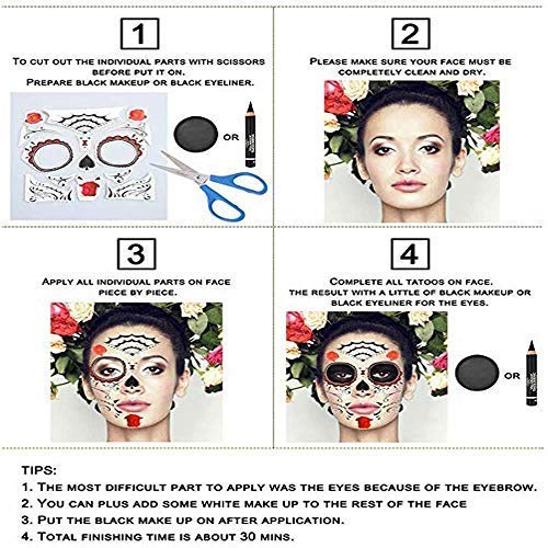 Temporary Face Tattoo, 8 Kits Tattoos Sugar Skull Stickers Day of The Dead Makeup, Face Tattoo Rose Design for Halloween, Masquerade and Parties