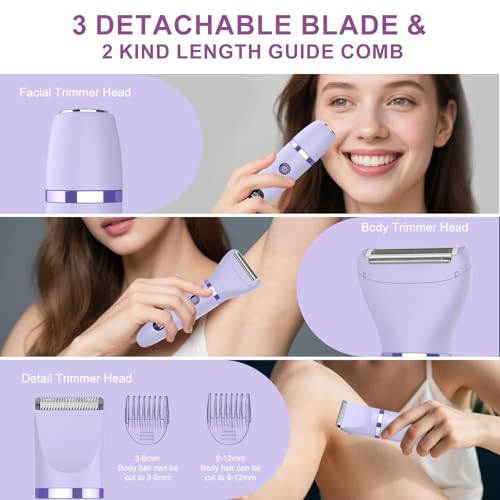 3-in-1 Electric Razor IPX7 Waterproof Bikini Trimmer Wet & Dry Use Painless Personal Trimmer Groomer for Ladies Face Body Legs Bikini Public Hairs Electric Lady Shaver with Replaceable Heads
