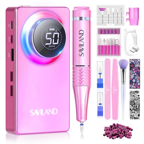 SAVILAND Professional Nail Drill Kit: 50000RPM Rechargeable Electric Nail File Machine E-File with 6000mAh Battery, Ceramic Bits and Stickers for Manicure Pedicure Shaping & Acrylic Removal Salon Use